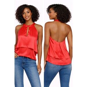 NEW Guess Tiered Halter Top Small Rouge Pink Sleeveless Satin Blouse
